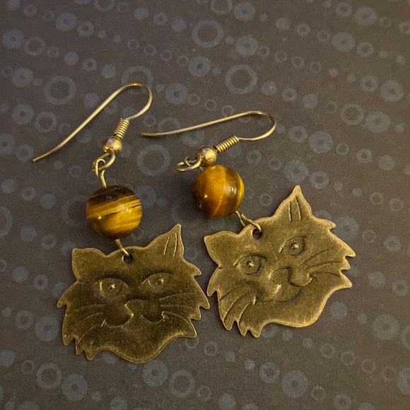 Genuine Tigers eye stone cat-face drop earrings - Picture 1 of 3